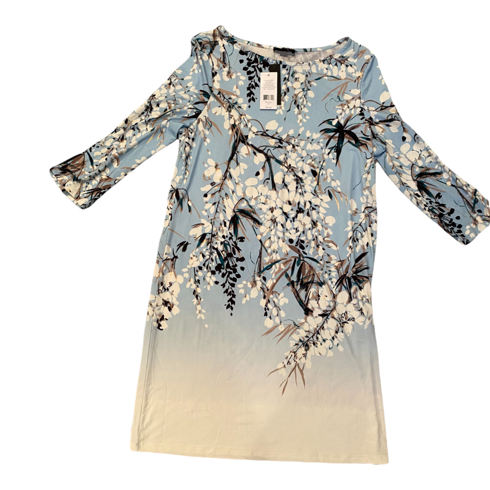 Women's NWT IMNYC Dress Light Blue White Floral Sheath Dress Midi Size L
